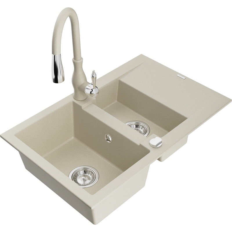 Mexen Gaspar granite sink 1.5-bowl with drainer and kitchen faucet Savita, beige - 6507-69-672601-69