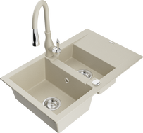 Mexen Gaspar granite sink 1.5-bowl with drainer and Savita kitchen faucet, beige - 6507-69-672601-69