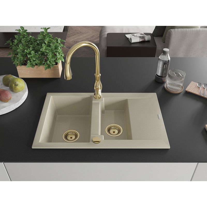 Mexen Gaspar 1.5-bowl granite sink with drainer and Savita kitchen tap, beige - 6507-69-672601-50