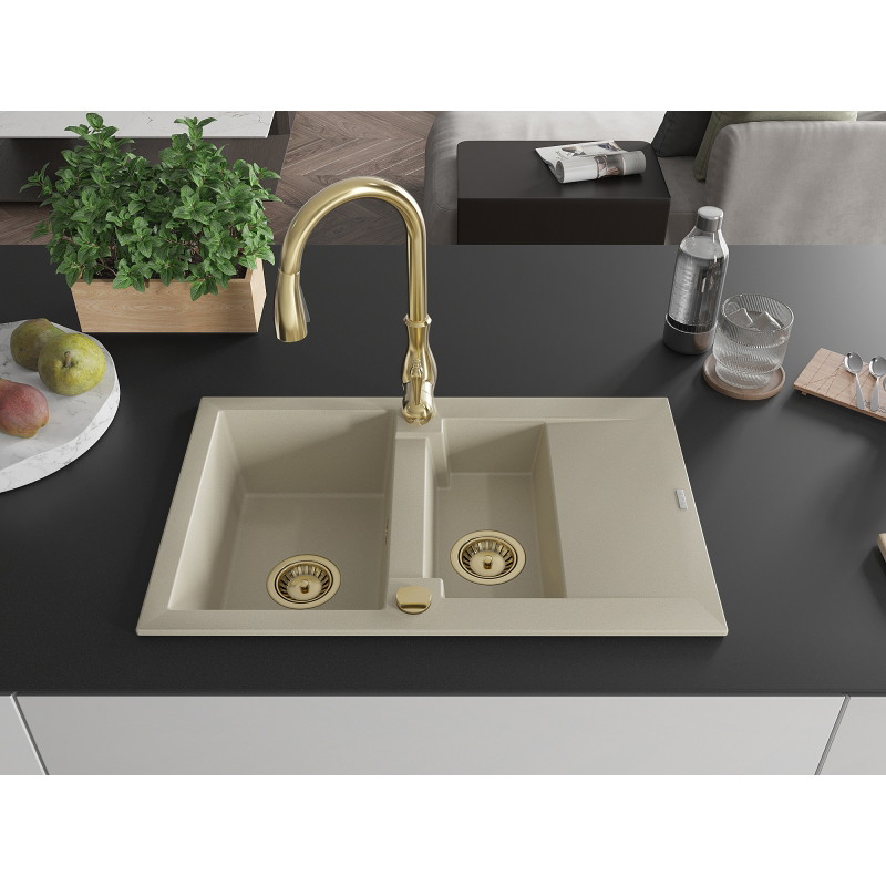 Mexen Gaspar granite sink 1.5-bowl with drainer and Savita kitchen faucet, beige - 6507-69-672601-50