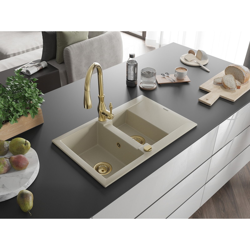 Mexen Gaspar 1.5-bowl granite sink with drainer and Savita kitchen faucet, beige - 6507-69-672601-50