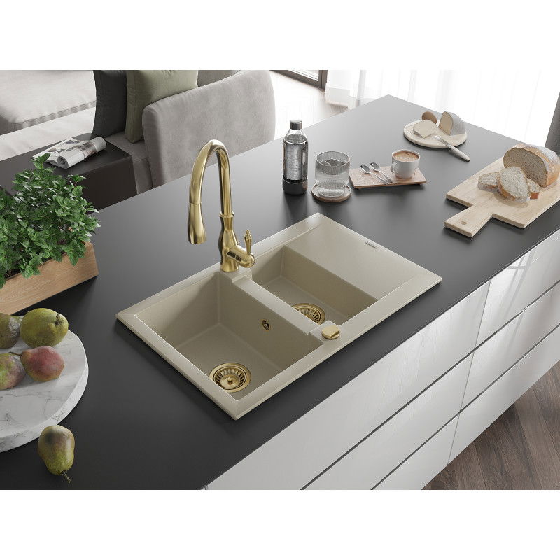 Mexen Gaspar 1.5-bowl granite sink with drainer and Savita kitchen tap, beige - 6507-69-672601-50