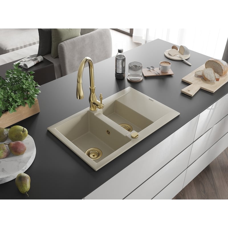 Mexen Gaspar granite sink 1.5-bowl with drainer and Savita kitchen faucet, beige - 6507-69-672601-50