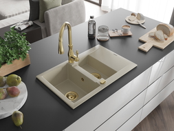 Mexen Gaspar 1.5-compartment granite sink with a drip tray and kitchen mixer tap Savita, Beige - 6507-69-672601-50