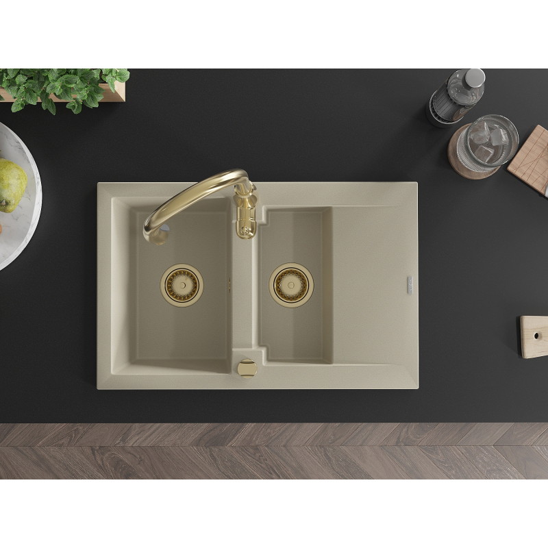 Mexen Gaspar 1.5-bowl granite sink with drainer and Savita kitchen faucet, beige - 6507-69-672601-50