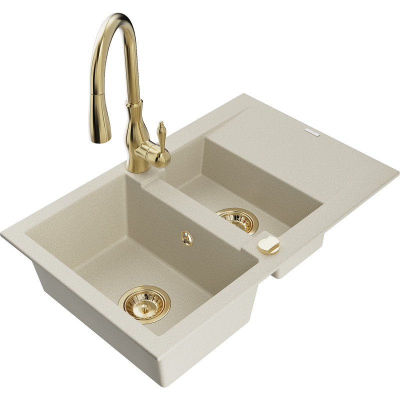 Mexen Gaspar 1.5-bowl granite sink with drainer and Savita kitchen faucet, beige - 6507-69-672601-50