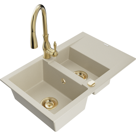 Mexen Gaspar 1.5-bowl granite sink with drainer and Savita kitchen faucet, beige - 6507-69-672601-50