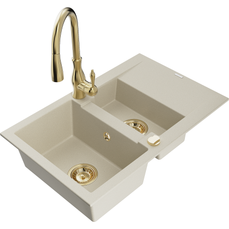 Mexen Gaspar 1.5-bowl granite sink with drainer and Savita kitchen tap, beige - 6507-69-672601-50