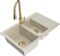 Mexen Gaspar 1.5-compartment granite sink with a drip tray and kitchen mixer tap Savita, Beige - 6507-69-672601-50