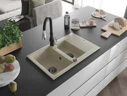 Mexen Gaspar granite kitchen sink 1.5-bowl with drainer and Savita kitchen faucet, beige - 6507-69-672601-70