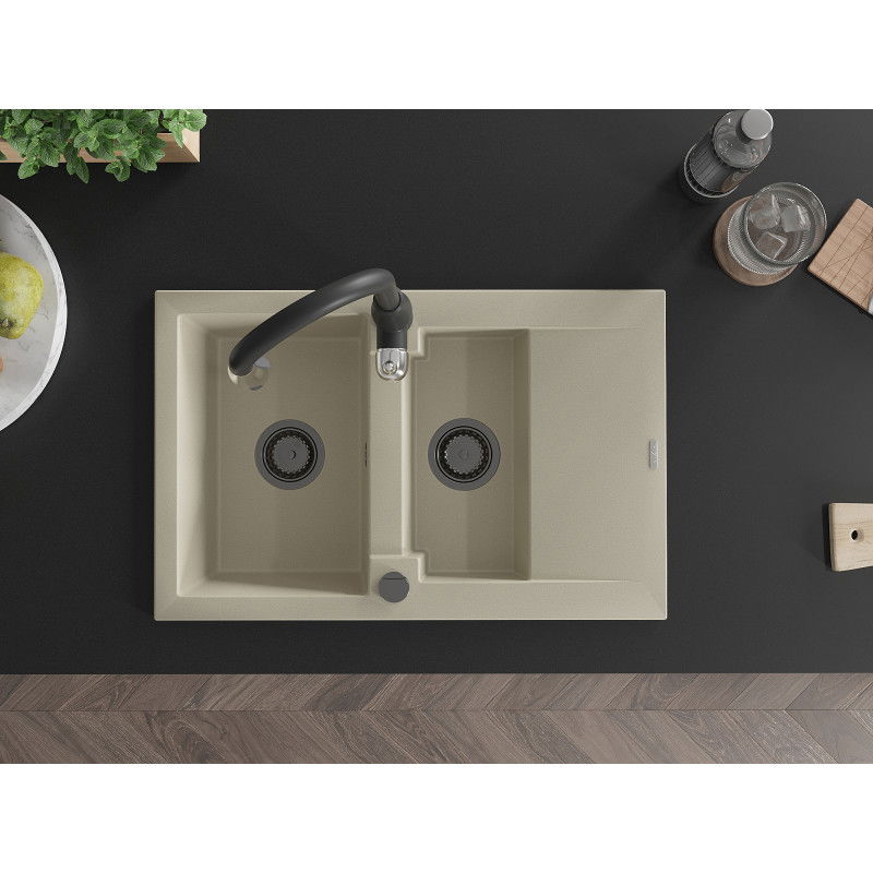Mexen Gaspar granite sink 1.5-bowl with drainer and Savita kitchen tap, beige - 6507-69-672601-70