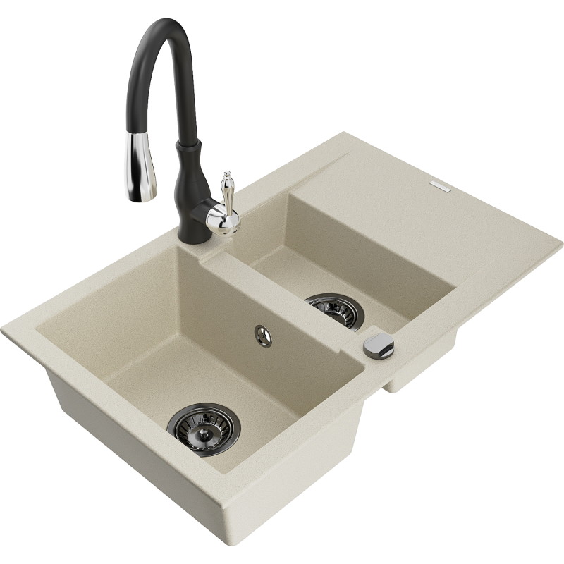 Mexen Gaspar granite kitchen sink 1.5-bowl with drainer and Savita kitchen faucet, beige - 6507-69-672601-70