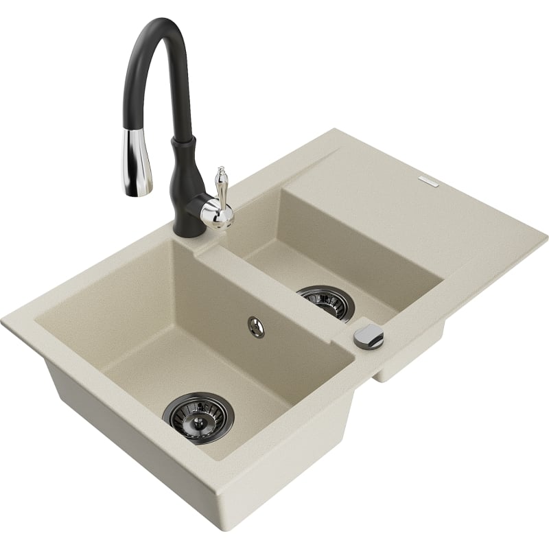 Mexen Gaspar granite sink 1.5-basin with drainer and Savita kitchen faucet, beige - 6507-69-672601-70