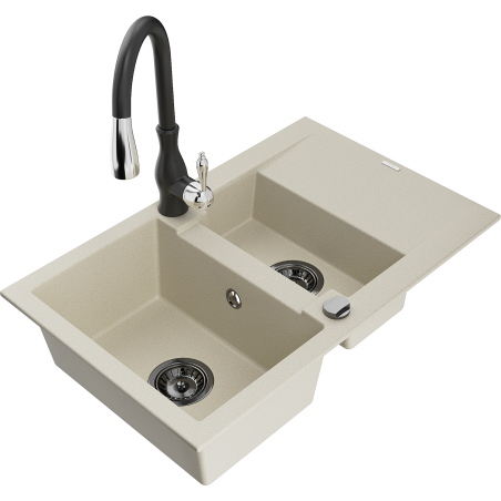 Mexen Gaspar granite sink 1.5-basin with drainer and Savita kitchen faucet, beige - 6507-69-672601-70