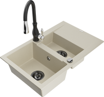 Mexen Gaspar granite kitchen sink 1.5-bowl with drainer and Savita kitchen faucet, beige - 6507-69-672601-70