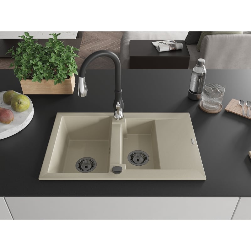 Mexen Gaspar granite sink 1.5-basin with drainer and Savita kitchen faucet, beige - 6507-69-672601-70