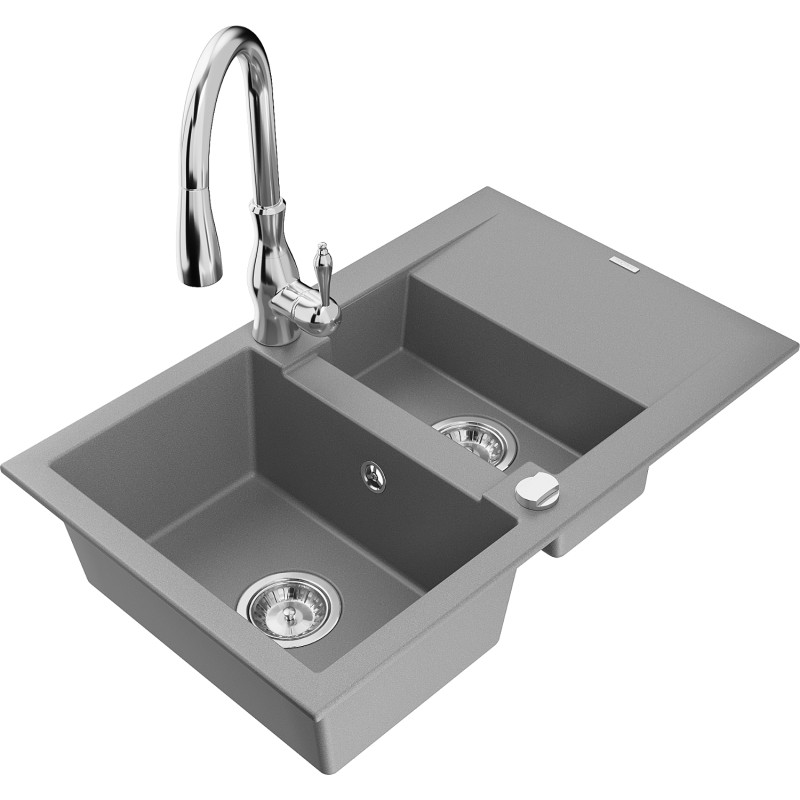 Mexen Gaspar 1.5-bowl granite sink with drainer and Savita kitchen faucet, gray - 6507-71-672601-00