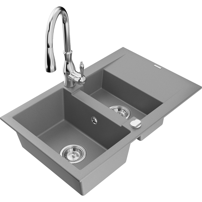Mexen Gaspar 1.5-compartment granite sink with a drip tray and kitchen mixer tap Savita, Grey - 6507-71-672601-00