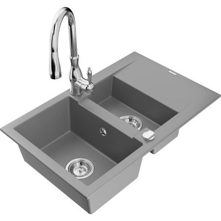 Mexen Gaspar 1.5-bowl granite kitchen sink with drainer and Savita tap, gray - 6507-71-672601-00