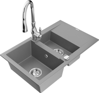 Mexen Gaspar 1.5-compartment granite sink with a drip tray and kitchen mixer tap Savita, Grey - 6507-71-672601-00