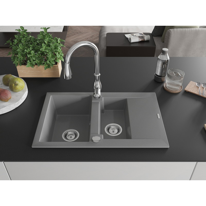 Mexen Gaspar 1.5-bowl granite kitchen sink with drainer and Savita tap, gray - 6507-71-672601-00