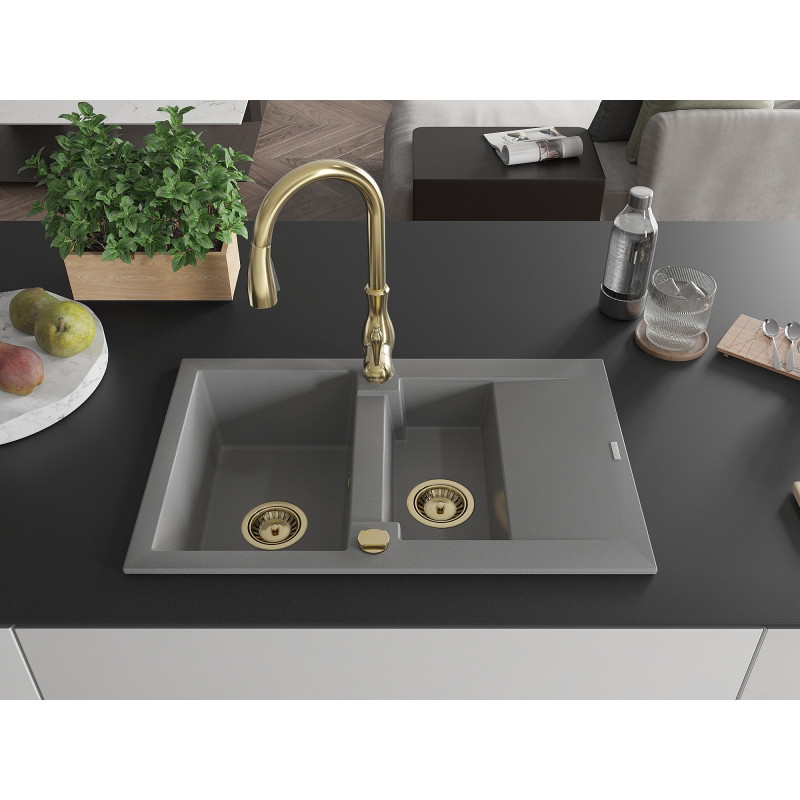 Mexen Gaspar 1.5-bowl granite sink with drainer and Savita kitchen faucet, gray - 6507-71-672601-50