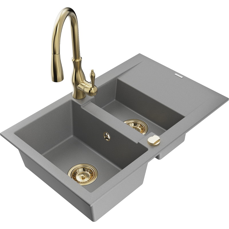 Mexen Gaspar granite sink 1.5-bowl with drainer and Savita kitchen faucet, gray - 6507-71-672601-50