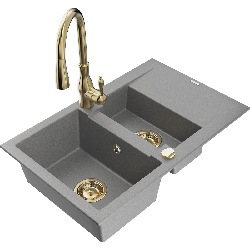 Mexen Gaspar granite sink 1.5-bowl with drainer and Savita kitchen tap, grey - 6507-71-672601-50