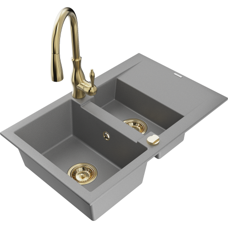 Mexen Gaspar 1.5-bowl granite sink with drainer and Savita kitchen faucet, gray - 6507-71-672601-50