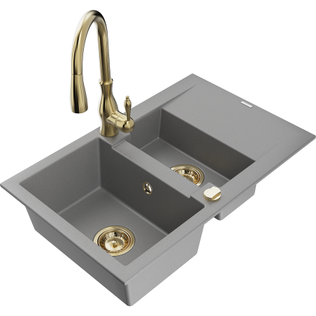 Mexen Gaspar 1.5-compartment granite sink with a drip tray and kitchen mixer tap Savita, Grey - 6507-71-672601-50