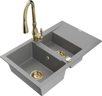 Mexen Gaspar 1.5-compartment granite sink with a drip tray and kitchen mixer tap Savita, Grey - 6507-71-672601-50