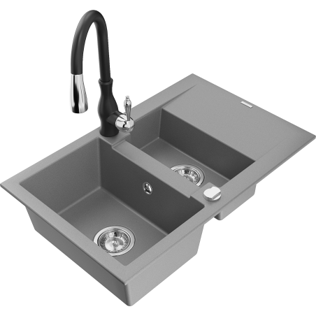 Mexen Gaspar 1.5-compartment granite sink with a drip tray and kitchen mixer tap Savita, Grey - 6507-71-672601-70