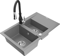 Mexen Gaspar 1.5-compartment granite sink with a drip tray and kitchen mixer tap Savita, Grey - 6507-71-672601-70