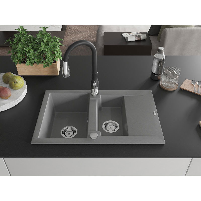 Mexen Gaspar granite sink 1.5-bowl with drainer and Savita kitchen tap, grey - 6507-71-672601-70
