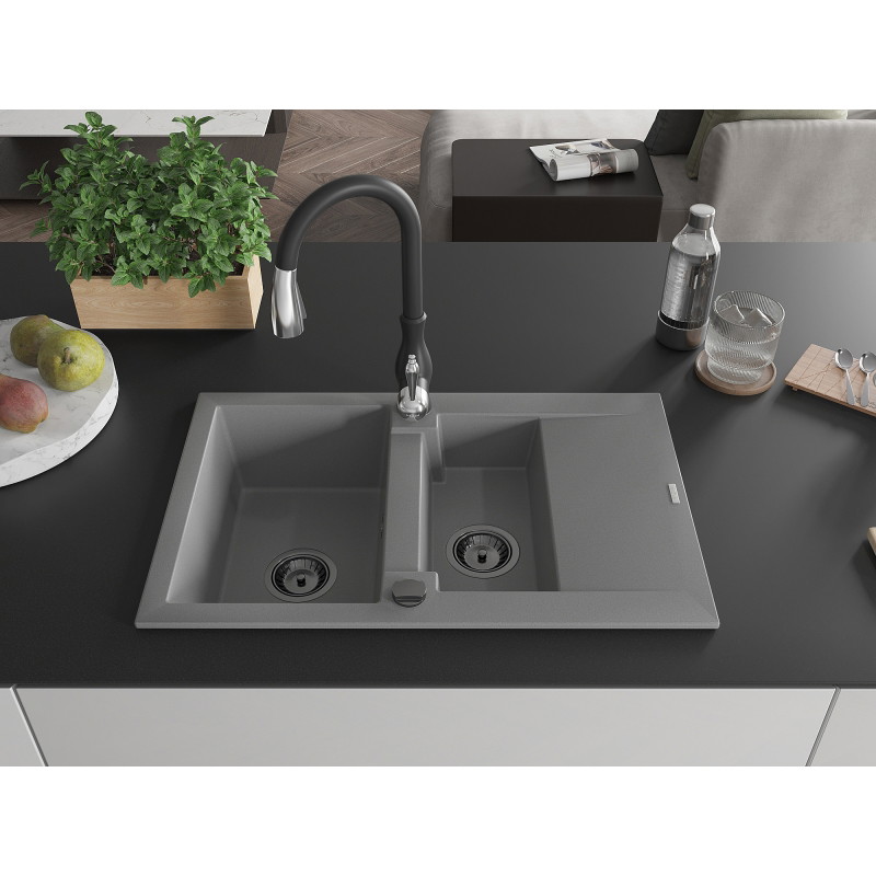 Mexen Gaspar 1.5-bowl granite sink with drainer and Savita kitchen faucet, gray - 6507-71-672601-70-B