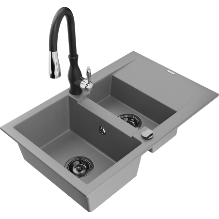 Mexen Gaspar 1.5-compartment granite sink with a drip tray and kitchen mixer tap Savita, Grey - 6507-71-672601-70-B