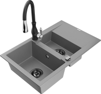 Mexen Gaspar 1.5-bowl granite sink with drainer and Savita kitchen faucet, gray - 6507-71-672601-70-B