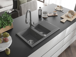 Mexen Gaspar granite sink 1.5-bowl with drainer and Savita kitchen tap, grey - 6507-71-672601-71