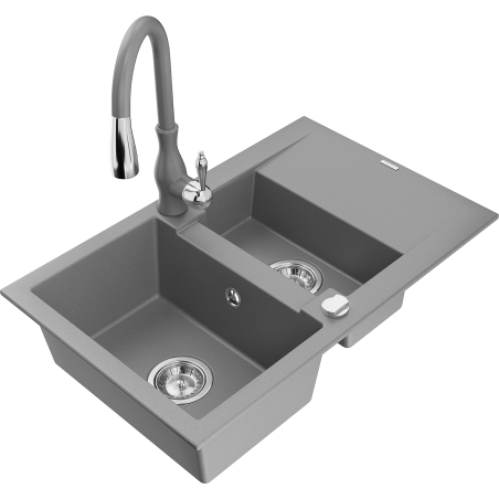 Mexen Gaspar 1.5-bowl granite sink with drainer and Savita kitchen faucet, gray - 6507-71-672601-71