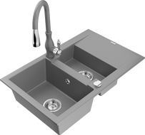 Mexen Gaspar 1.5-bowl granite sink with drainer and Savita kitchen faucet, gray - 6507-71-672601-71