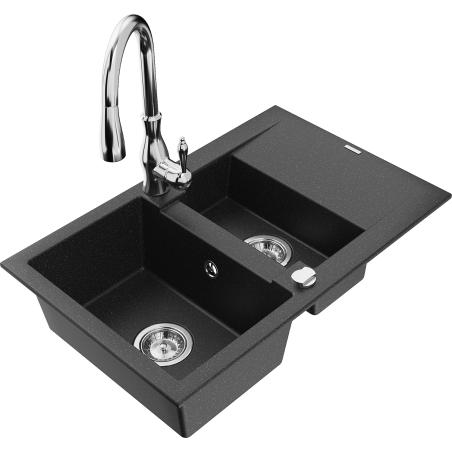 Mexen Gaspar granite sink 1.5-bowl with drainer and Savita kitchen faucet, black/silver - 6507-73-672601-00