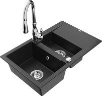 Mexen Gaspar 1.5-compartment granite sink with a drip tray and kitchen mixer tap Savita, Black/Silver - 6507-73-672601-00