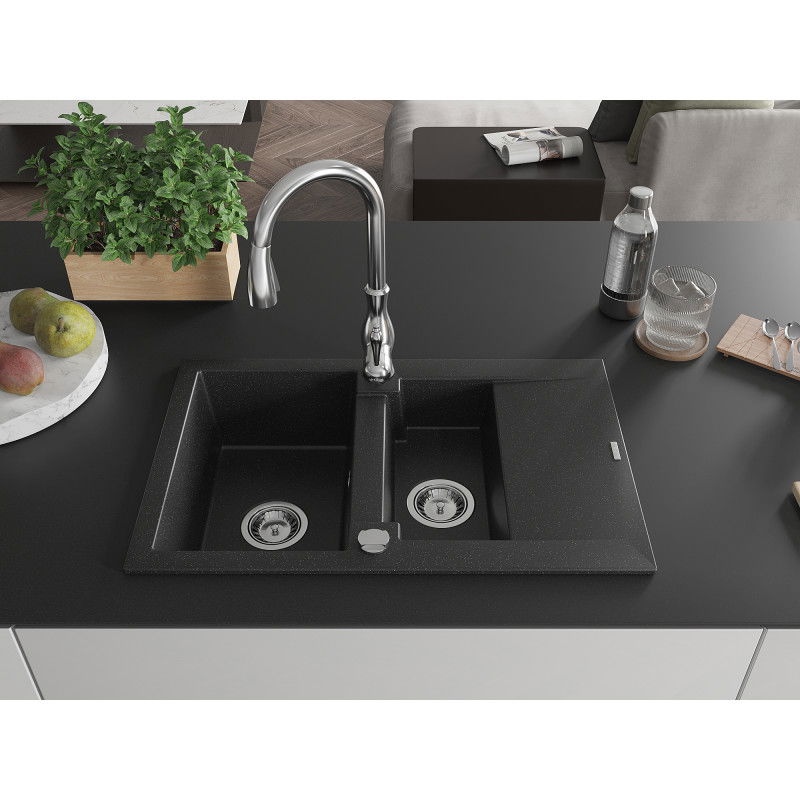 Mexen Gaspar 1.5-bowl granite kitchen sink with drainer and Savita kitchen tap, black/silver - 6507-73-672601-00