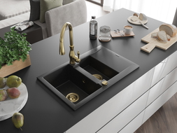 Mexen Gaspar granite sink 1.5-bowl with drainer and kitchen faucet Savita, black/silver - 6507-73-672601-50