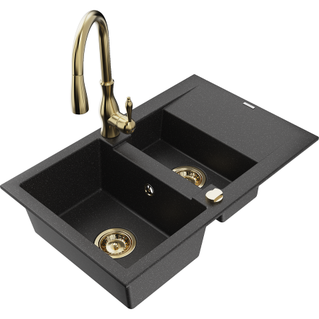 Mexen Gaspar granite sink 1.5-bowl with drainer and Savita kitchen faucet, black/silver - 6507-73-672601-50