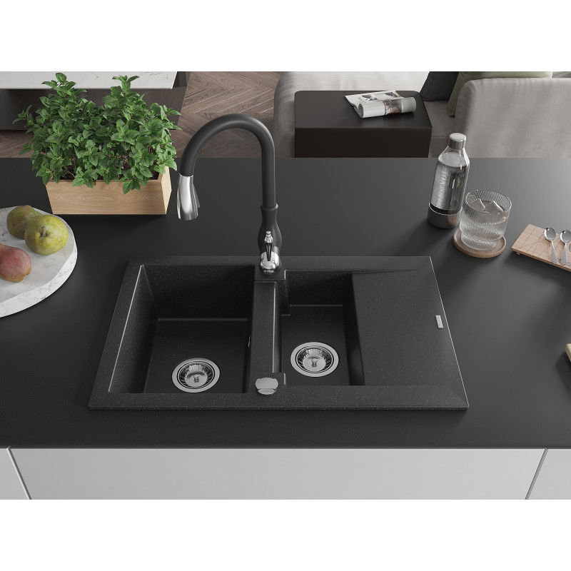 Mexen Gaspar granite sink 1.5-bowl with drainer and Savita kitchen tap, black/silver - 6507-73-672601-70
