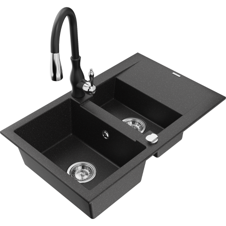 Mexen Gaspar 1.5-bowl granite kitchen sink with drainer and Savita faucet, black/silver - 6507-73-672601-70