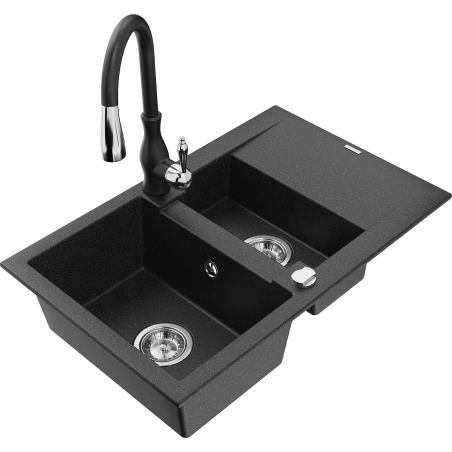 Mexen Gaspar 1.5-compartment granite sink with a drip tray and kitchen mixer tap Savita, Black/Silver - 6507-73-672601-70