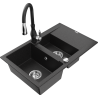 Mexen Gaspar 1.5-bowl granite kitchen sink with drainer and Savita faucet, black/silver - 6507-73-672601-70