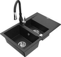 Mexen Gaspar 1.5-bowl granite kitchen sink with drainer and Savita faucet, black/silver - 6507-73-672601-70